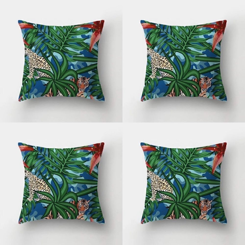 Set of 4 Cheetah & Tiger Rainforest Jungle Indoor/Outdoor Pillow Covers …